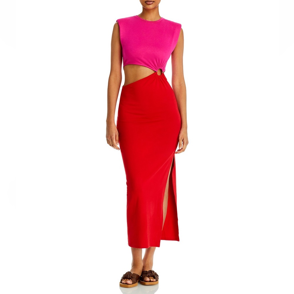 Two-Tone Pink and Red Maxi Dress with Side Knot Detail